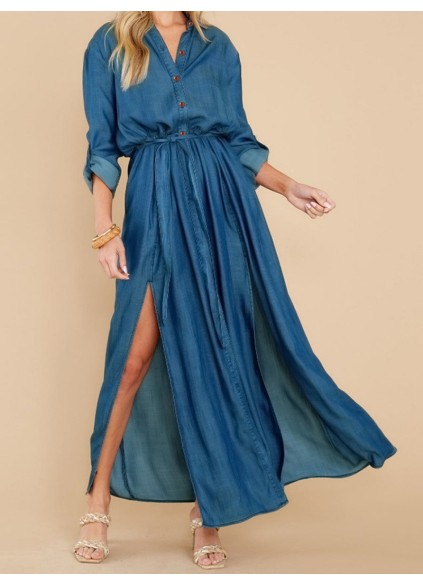 Women's Style Sexy Slit Long Sleeve Maxi Dress