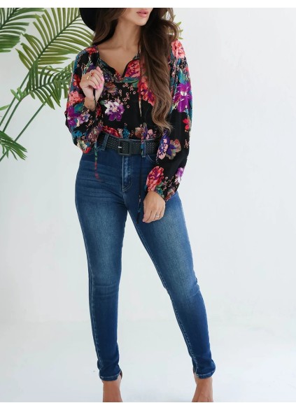 Black floral pattern bubble sleeve tie up top