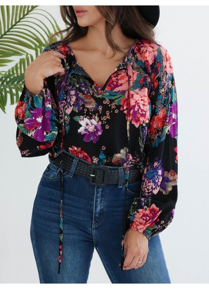 Black floral pattern bubble sleeve tie up top