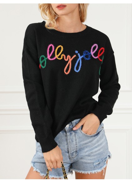 Black Holly Jolly Round Neck Casual Sweater