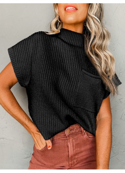 Black Patch Pocket Ribbed Knit Short Sleeve Sweater