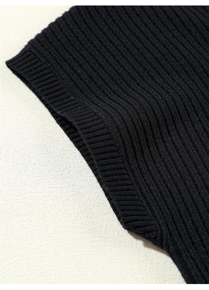 Black Patch Pocket Ribbed Knit Short Sleeve Sweater