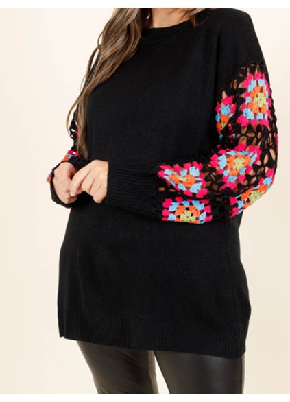 Black patchwork colorful embroidered sleeve sweater