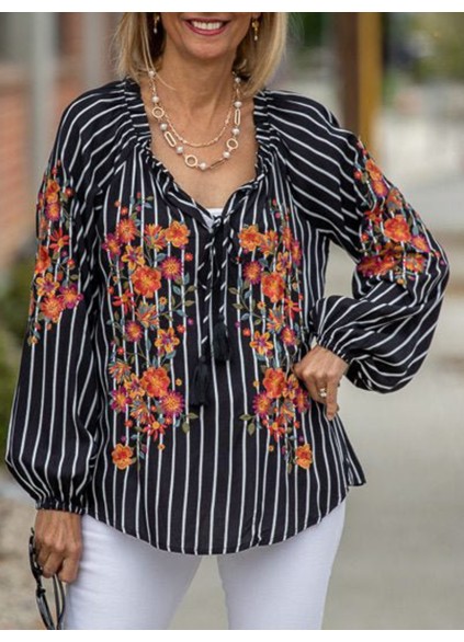 Black striped floral and plant embroidered shirt