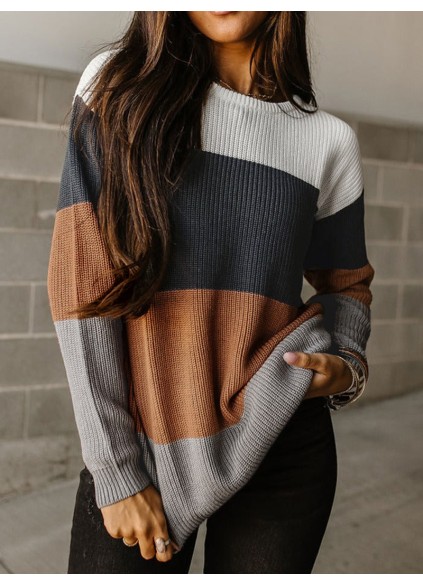 Block Knitted O-neck Pullover Sweater