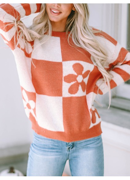 Brown Checkered Floral Print Striped Sleeve Sweater