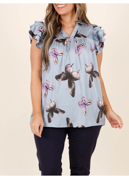 Butterfly printed layered ruffled short sleeved shirt