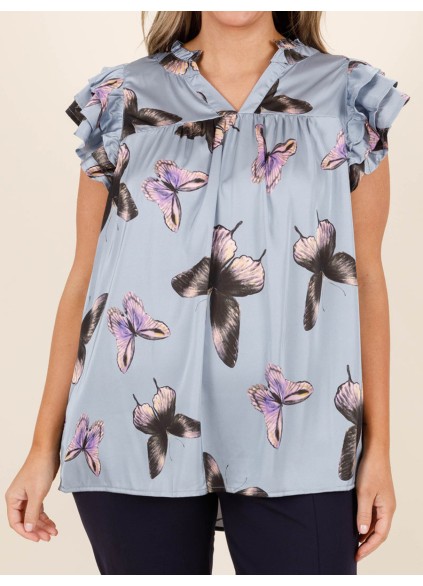 Butterfly printed layered ruffled short sleeved shirt