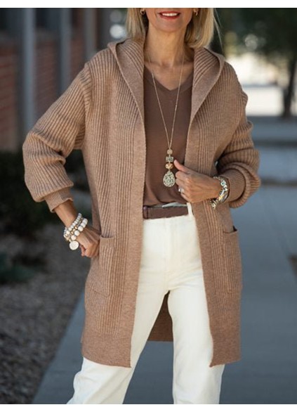 Camel long hooded cardigan with pockets