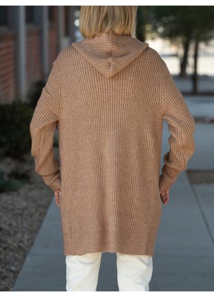 Camel long hooded cardigan with pockets