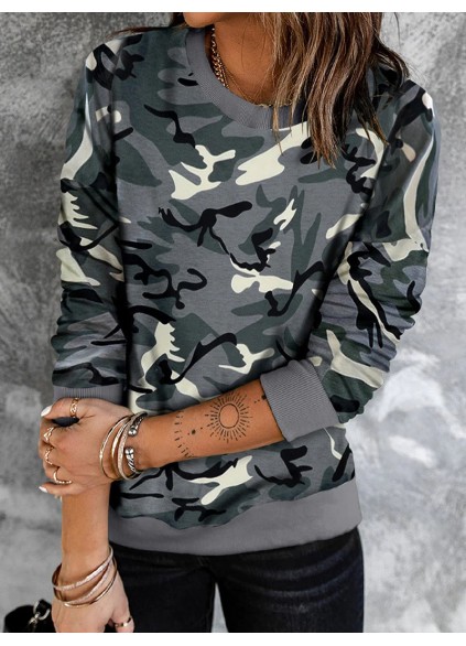 Casual camouflage print crew neck sweatshirt