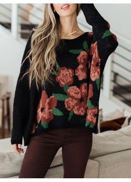 Casual contrasting floral pattern solid color sweater