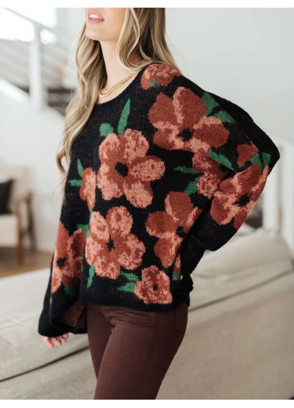 Casual contrasting floral pattern solid color sweater