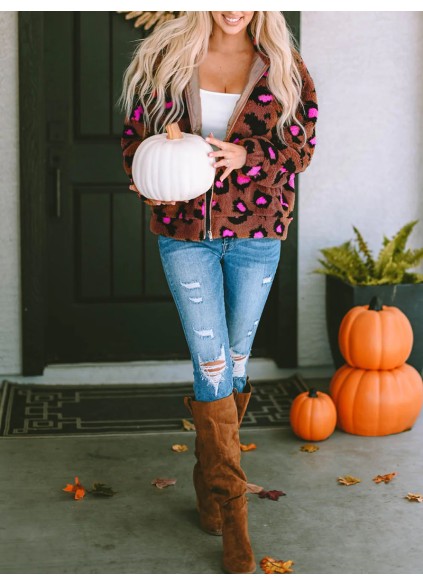 Casual contrasting leopard print sherpa jacket