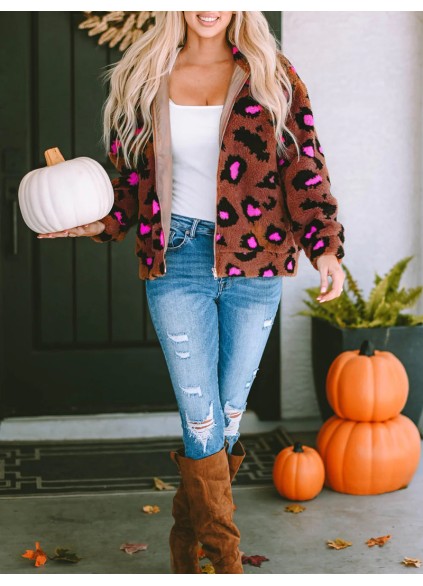 Casual contrasting leopard print sherpa jacket