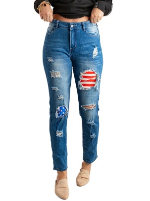 Casual flag print patchwork jeans