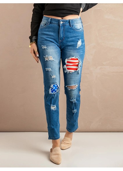 Casual flag print patchwork jeans