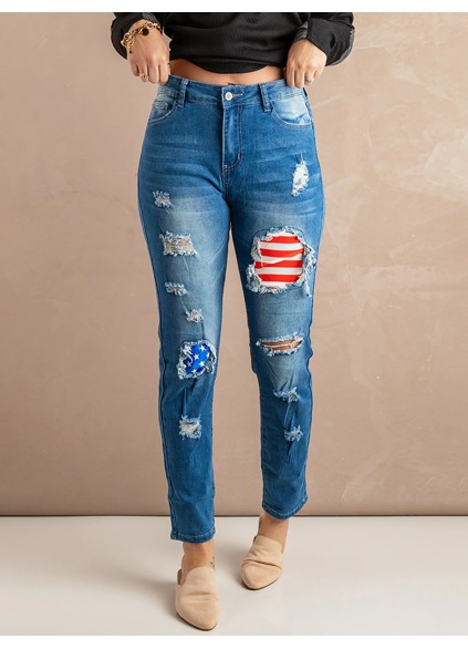 Casual flag print patchwork jeans