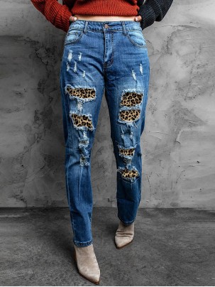 Casual leopard print patchwork jeans