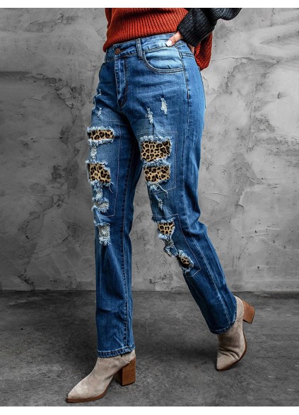 Casual leopard print patchwork jeans