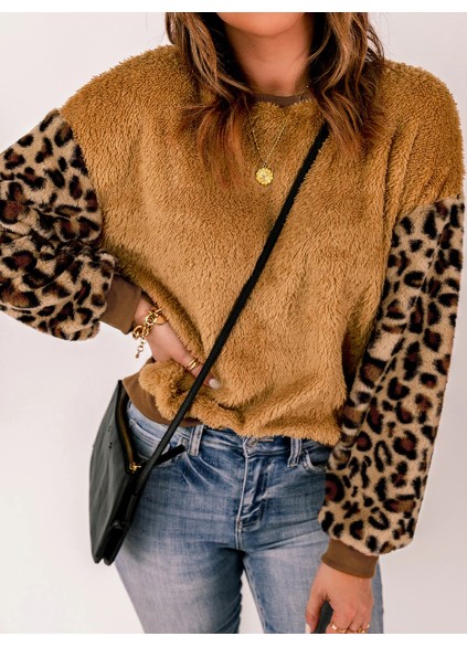 Casual leopard print patchwork plush sweatshirt