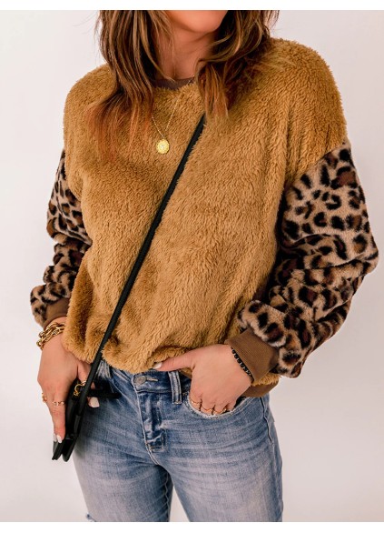 Casual leopard print patchwork plush sweatshirt