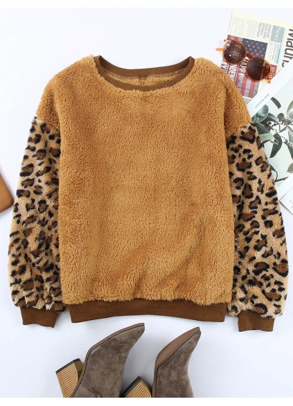 Casual leopard print patchwork plush sweatshirt