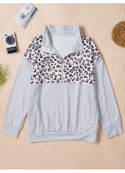 Casual leopard print patchwork striped sweatshirt