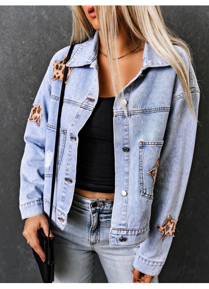 Casual leopard print star patchwork denim jacket