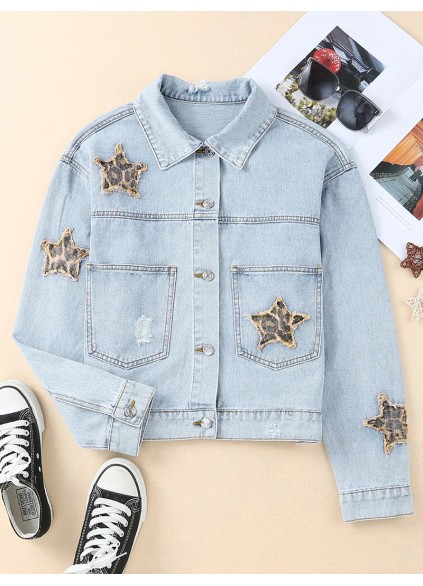 Casual leopard print star patchwork denim jacket