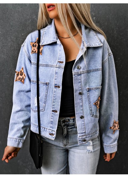 Casual leopard print star patchwork denim jacket