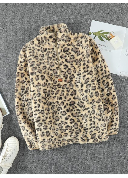 casual leopard print zipper sweatshirt