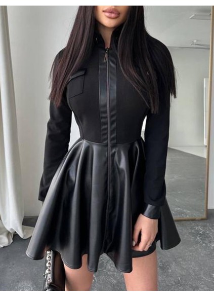 Casual long-sleeve leather panel dress