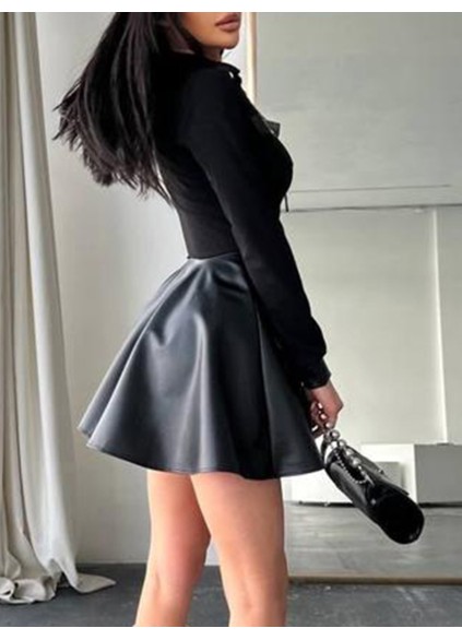 Casual long-sleeve leather panel dress