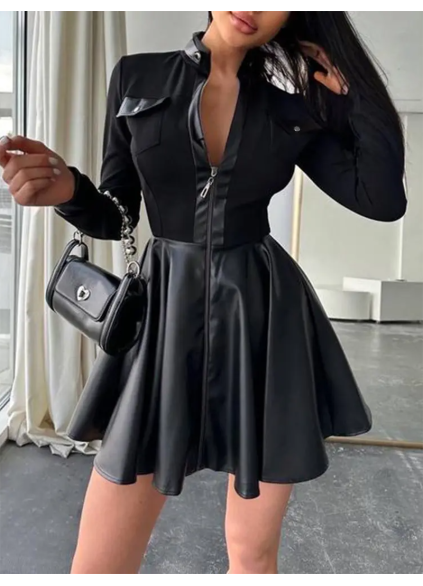 Casual long-sleeve leather panel dress