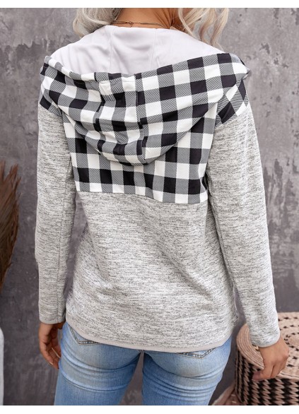 Casual plaid buttoned hooded sweatshirt