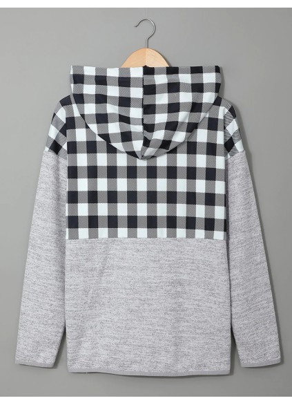 Casual plaid buttoned hooded sweatshirt