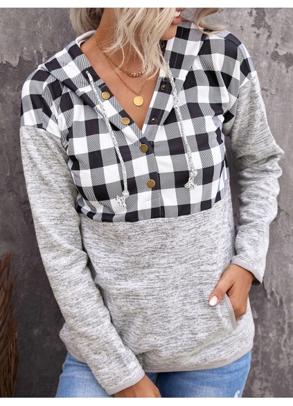 Casual plaid buttoned hooded sweatshirt