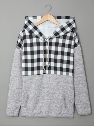 Casual plaid buttoned hooded sweatshirt