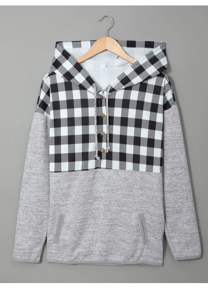 Casual plaid buttoned hooded sweatshirt