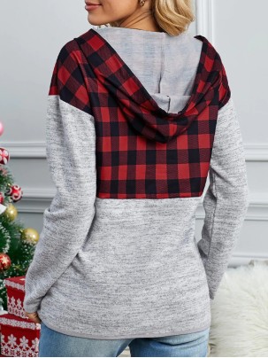 Casual red and black plaid hooded sweatshirt