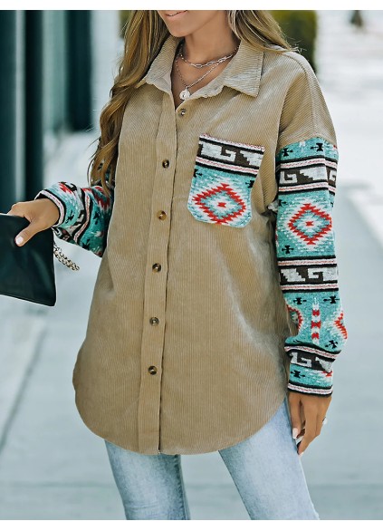 Casual retro printed patchwork corduroy jacket