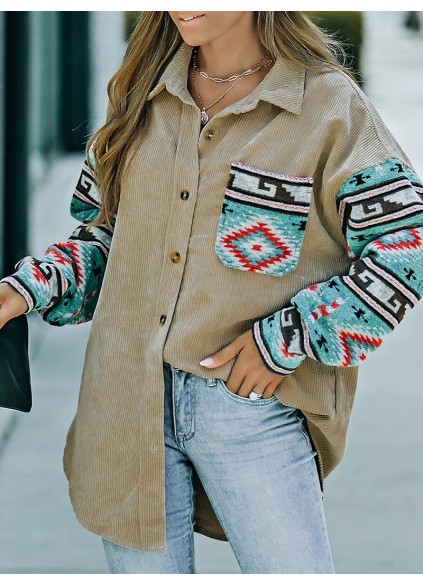 Casual retro printed patchwork corduroy jacket