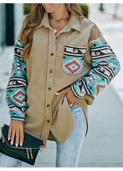 Casual retro printed patchwork corduroy jacket