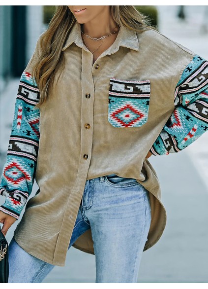 Casual retro printed patchwork corduroy jacket