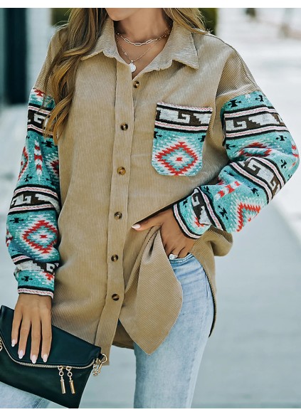 Casual retro printed patchwork corduroy jacket