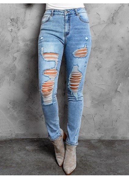 Casual ripped solid color women's jeans