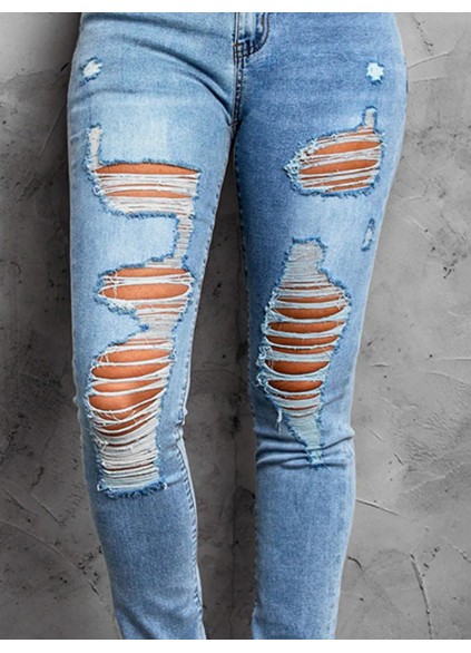 Casual ripped solid color women's jeans