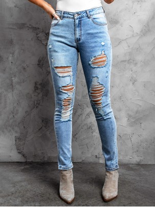 Casual ripped solid color women's jeans