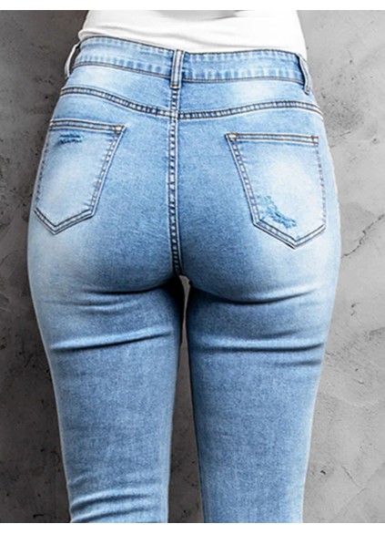 Casual ripped solid color women's jeans